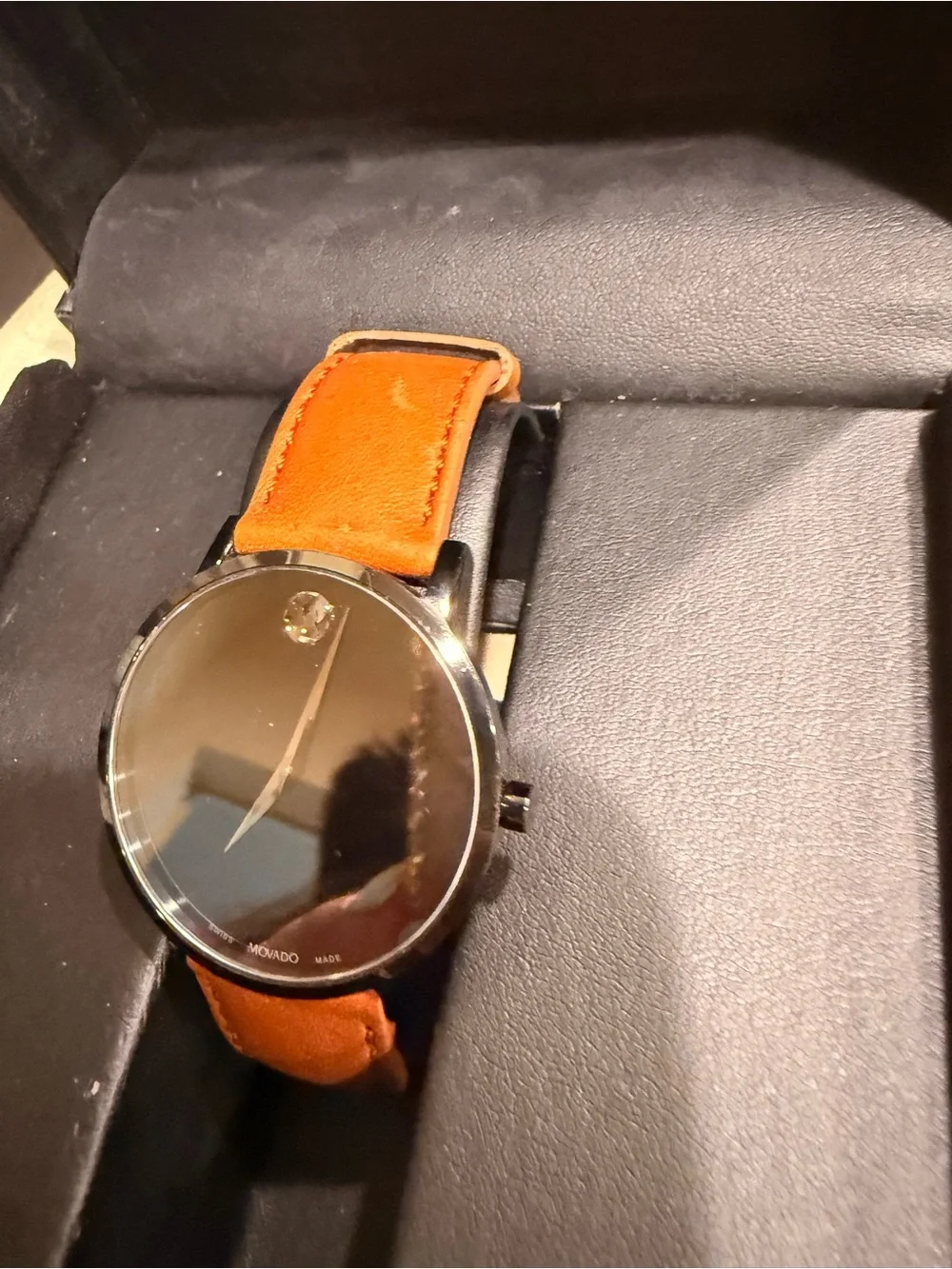 Movado Black Dial Watch with Tan Leather Strap
